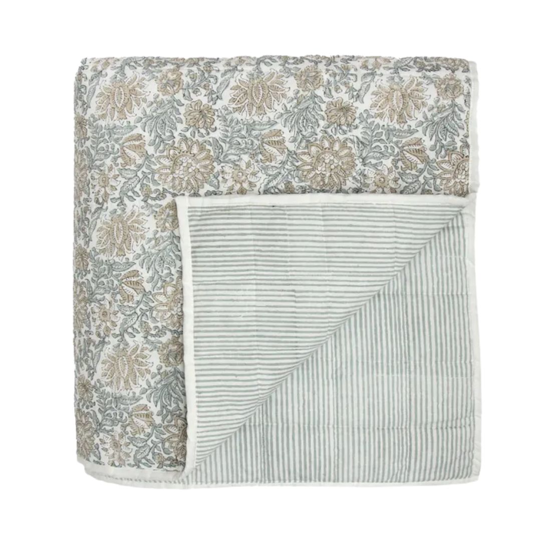 Athena Handblock Coverlet: Blue/Natural - 220x245