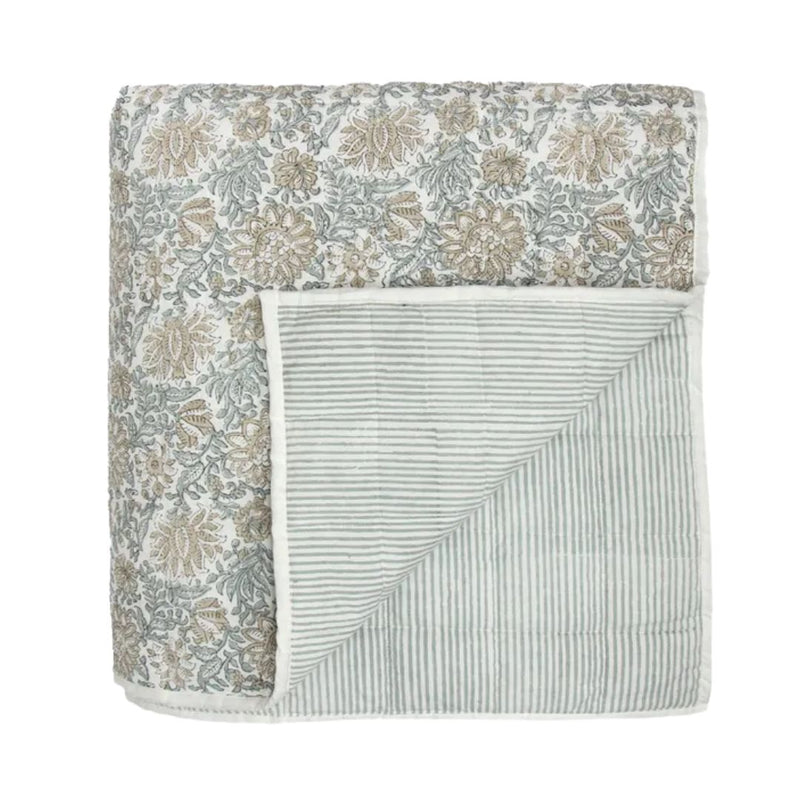 Athena Handblock Coverlet: Blue/Natural - 220x245