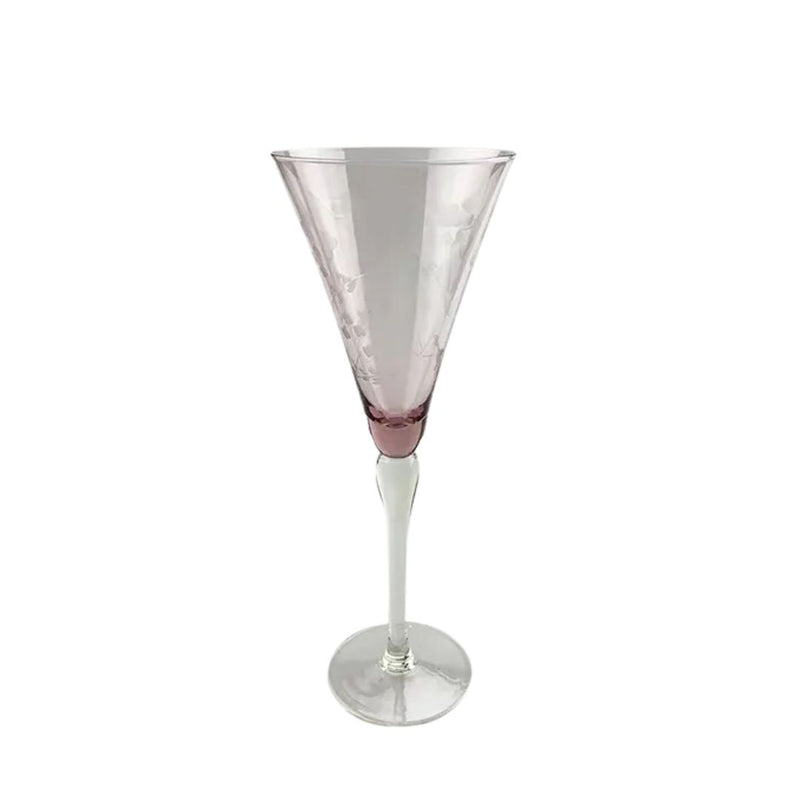 Floral Etched Tall Wine Glass - Pink