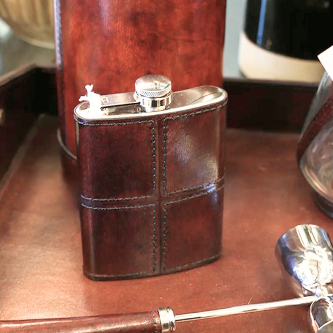 Leather Hip Flask in Dark Brown with Nickle Details