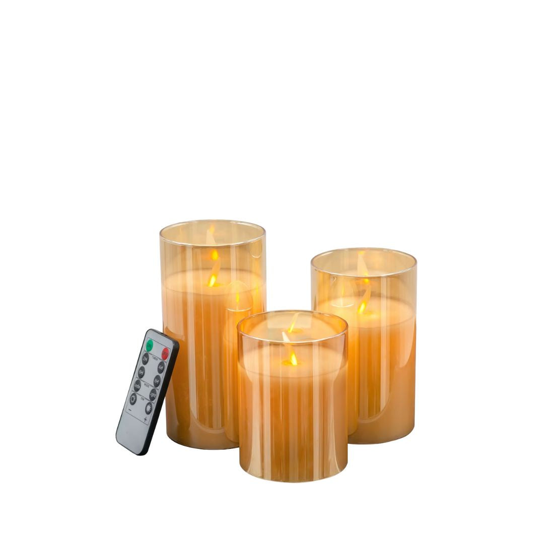 LED Wax Candles with Remote: Amber - Set of 3