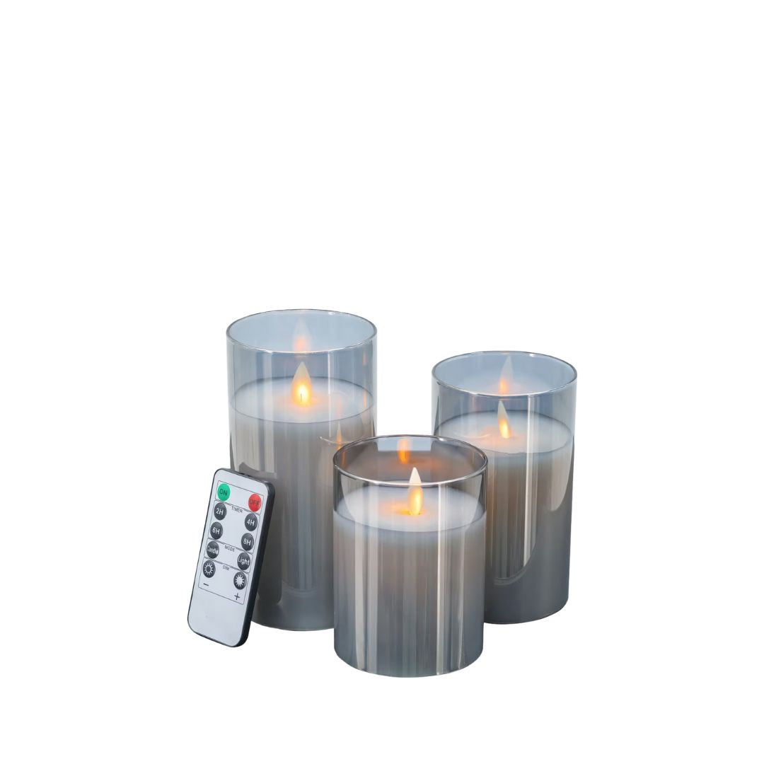 LED Wax Candles with Remote: Grey - Set of 3