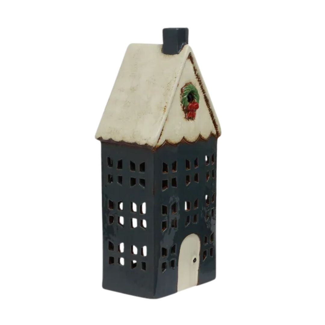 Christmas Tea Light House with Wreath: Blue - Large