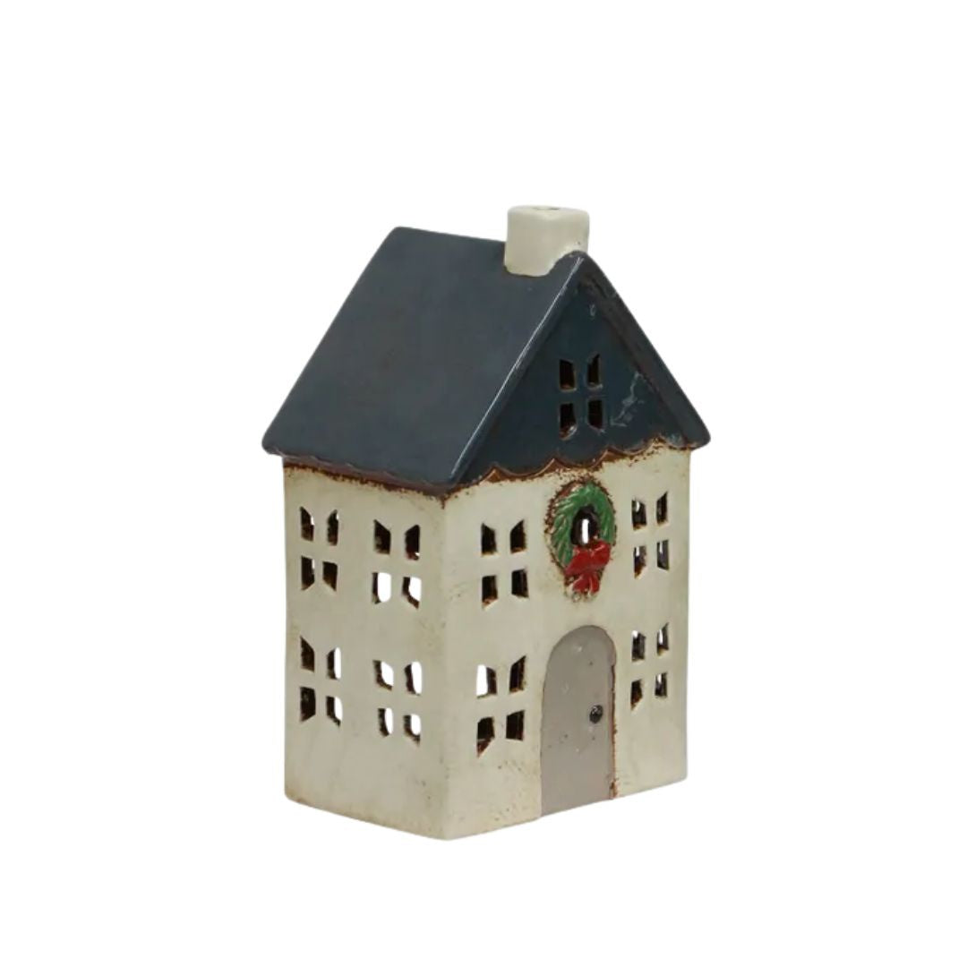 Christmas Tea Light House with Wreath: Blue - Small