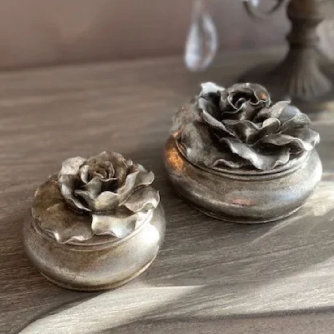Camelia Round Trinket Box Pewter Finish - Small