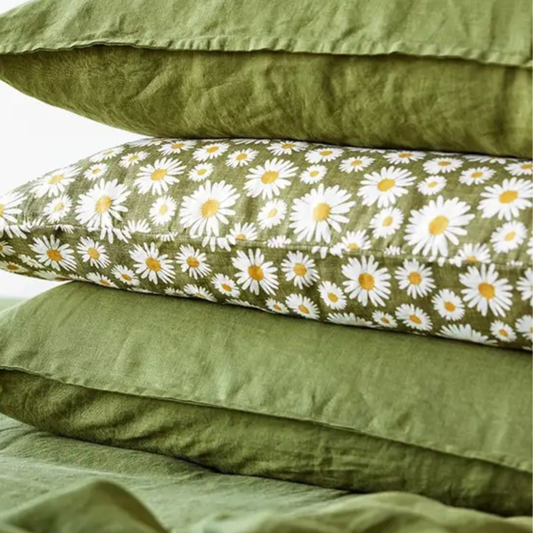 Pure Linen Printed Pillowcase in Pair: Daisy Dark Green