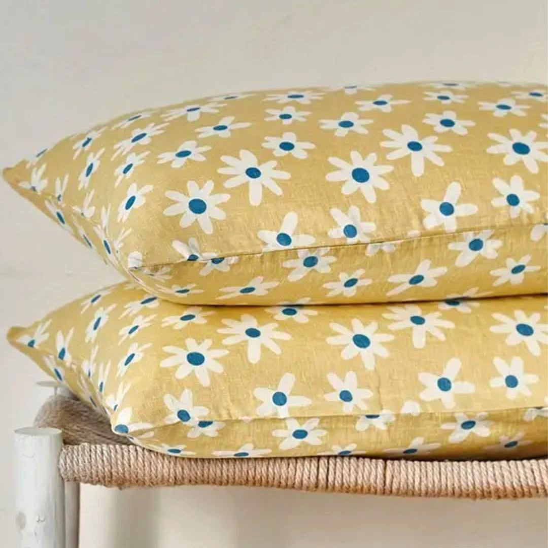 Pure Linen Printed Pillowcase in Pair: Lemon Dlizy Daisy