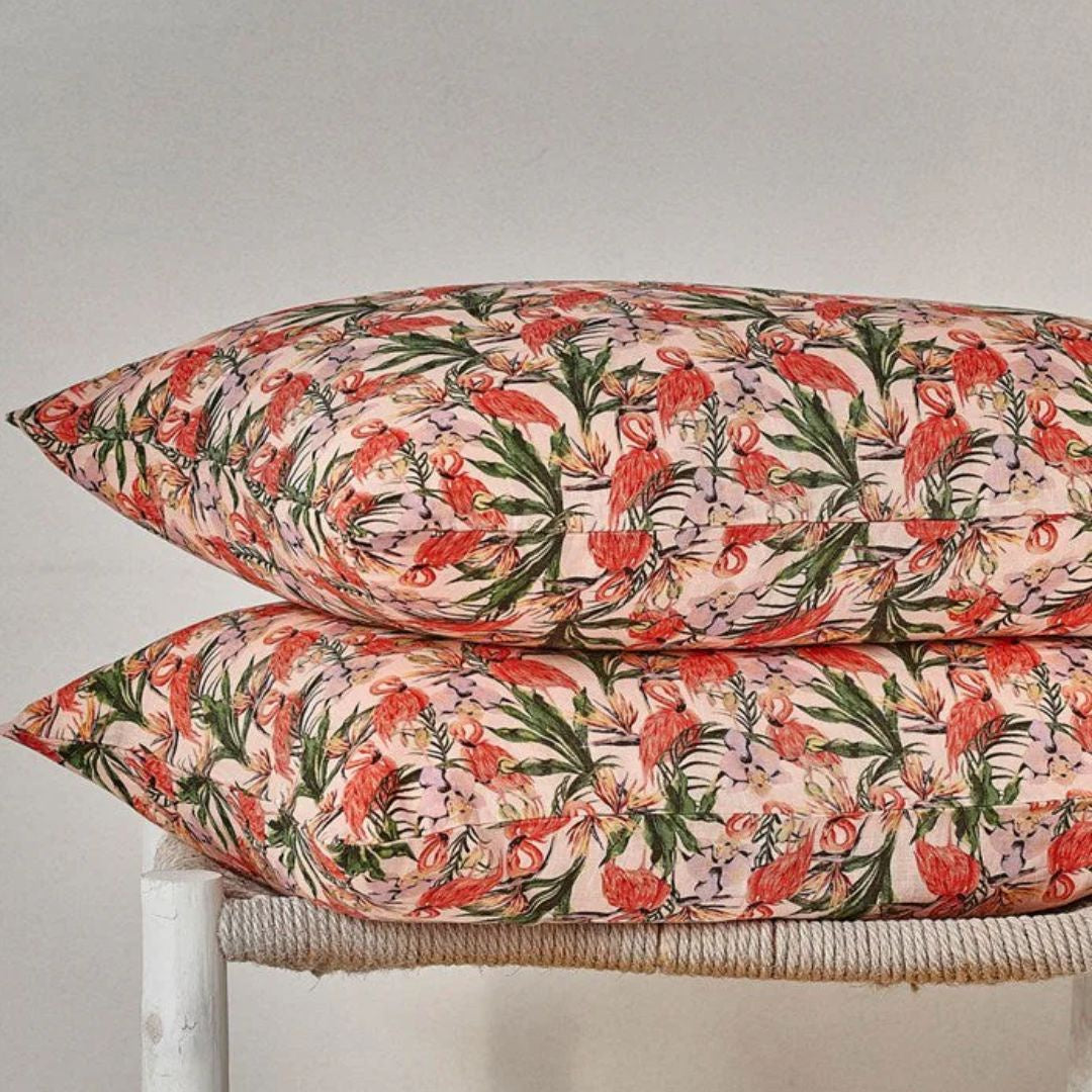 Pure Linen Printed Pillowcase in Pair: Pink Flamingo