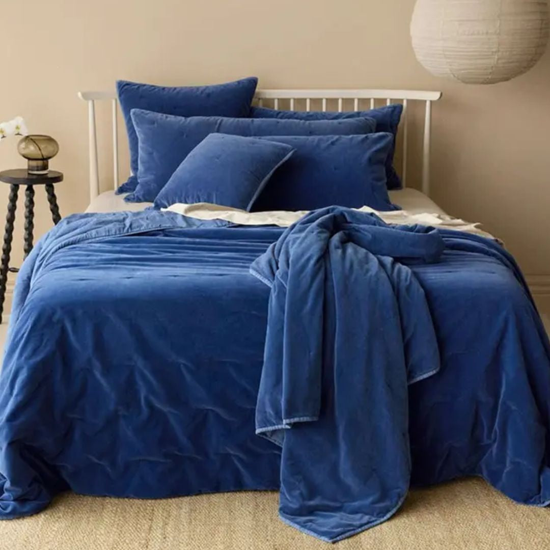 Venus Cotton Velvet Quilted Throw: Denim - 140x180