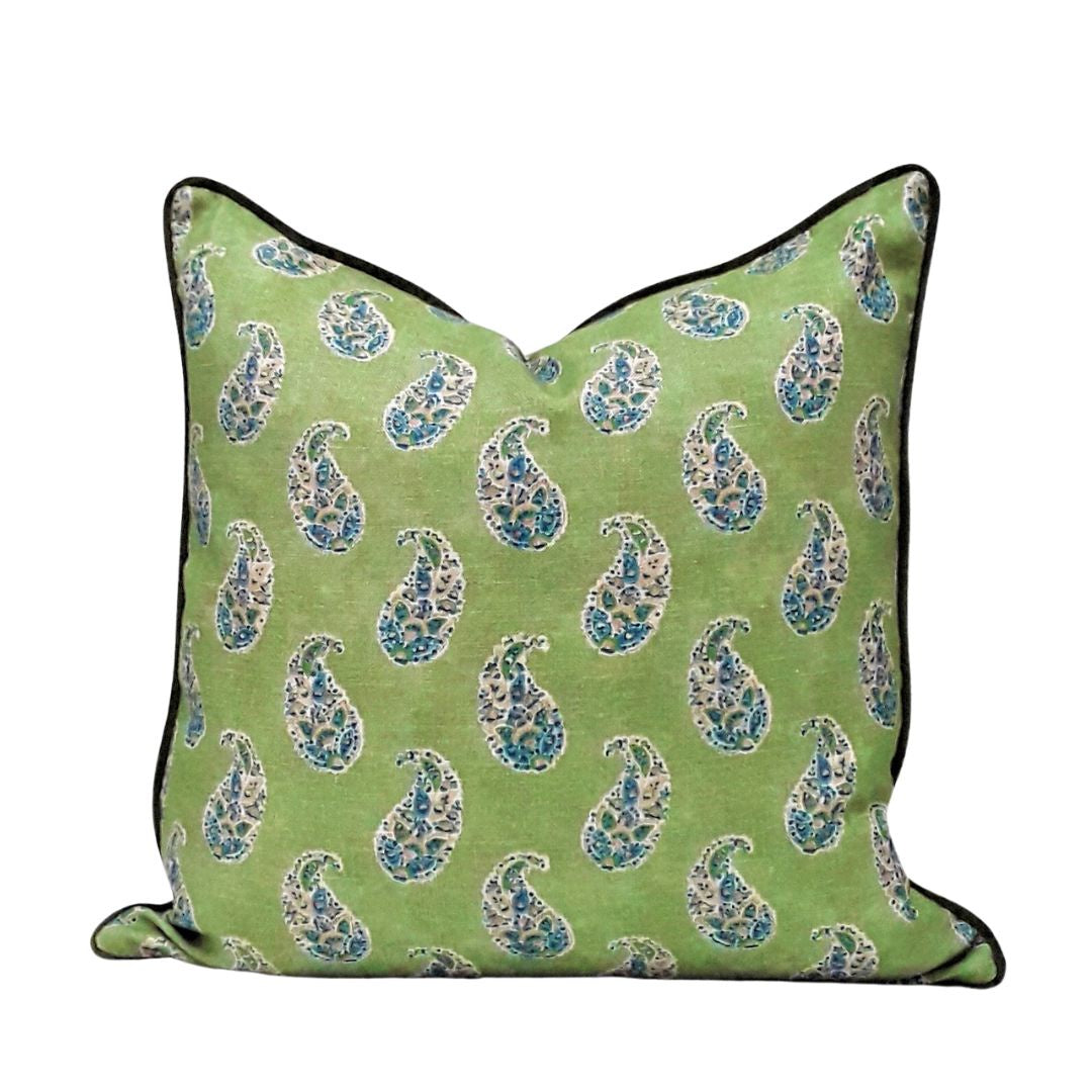 Patola Paisley Emerald/Casimir Olive Piped Cushion - 55x55