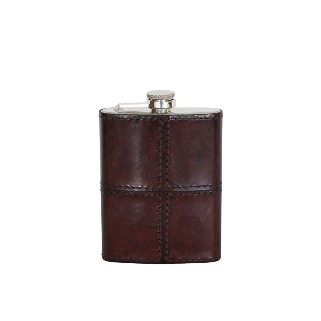Leather Hip Flask in Dark Brown with Nickle Details