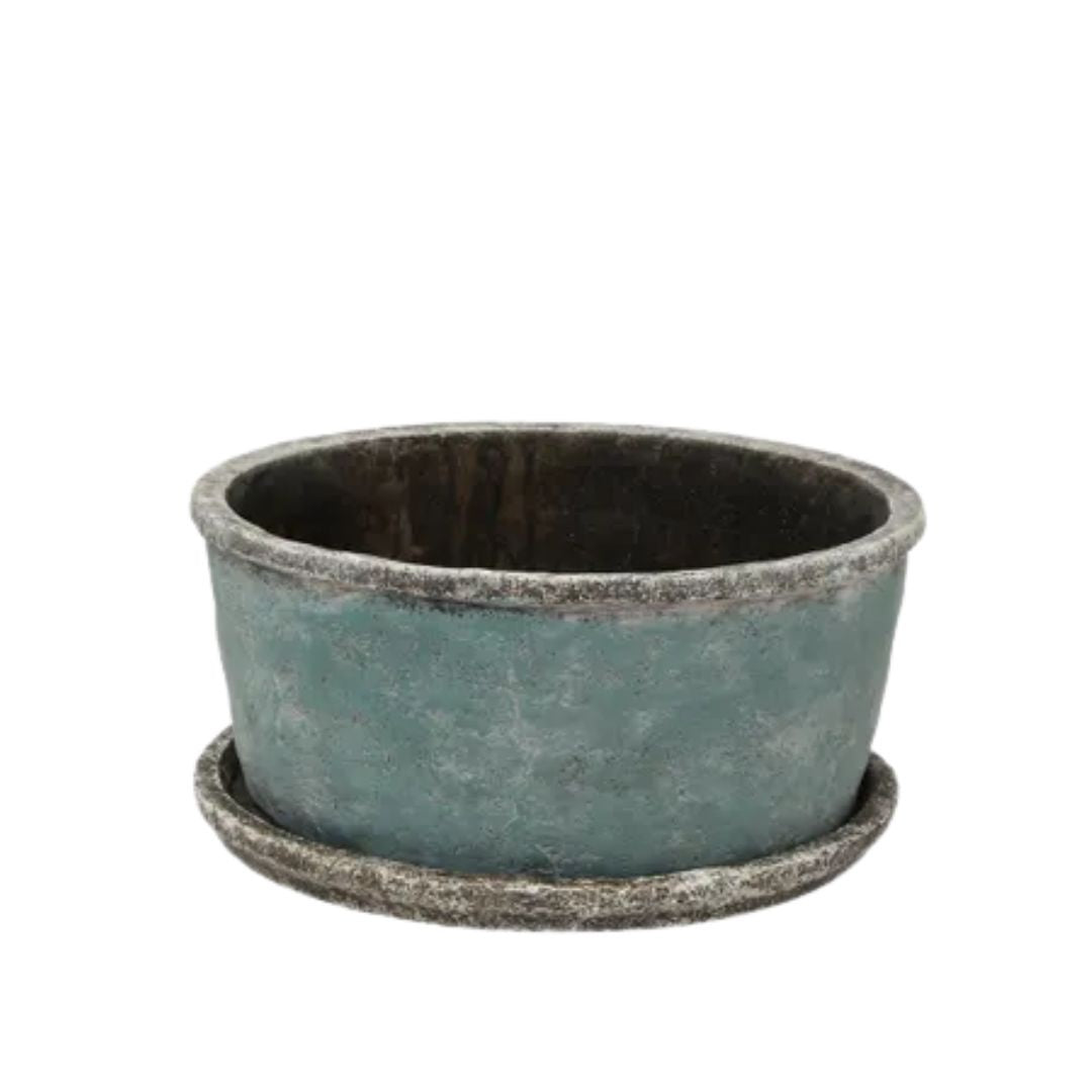 Sea Blue Wide Plant Pot & Saucer - Large