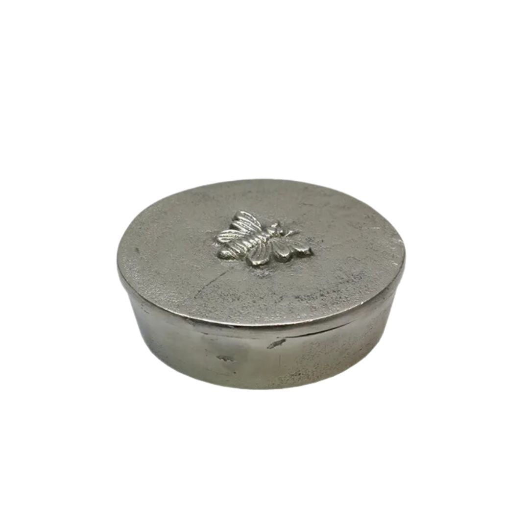 Round Silver Box with Bee Design