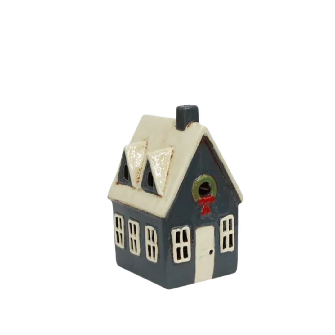 Alsace Tea Light Cottage with Wreath: Navy