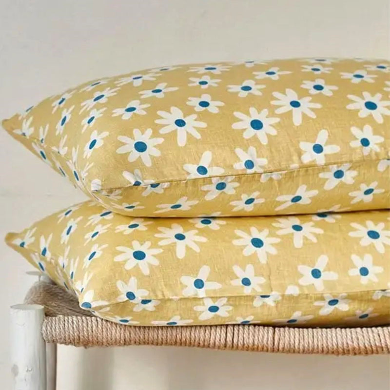 Pure Linen Printed Pillowcase in Pair: Lemon Dlizy Daisy