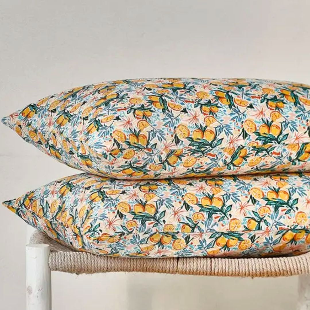 Pure Linen Printed Pillowcase in Pair: Orchard Orange