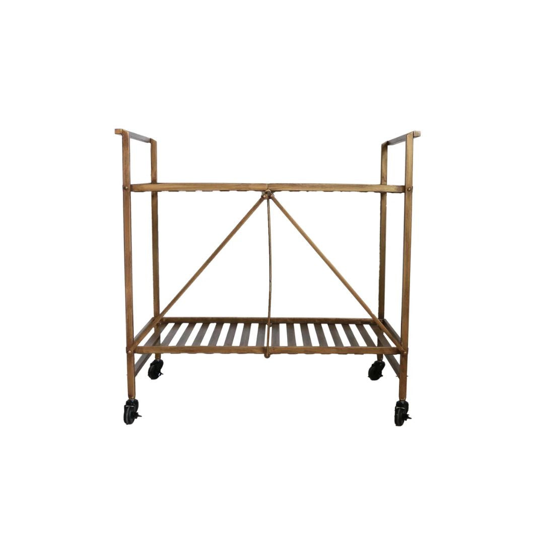 Industrial Trolley with Shelf in Antique Brass Fini