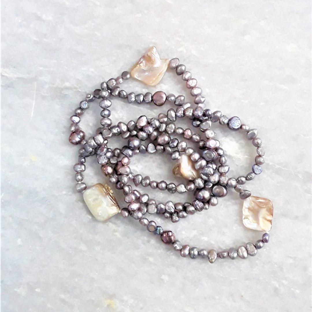 Gray Petite Baroque Pearl with Shell Nugget Necklace