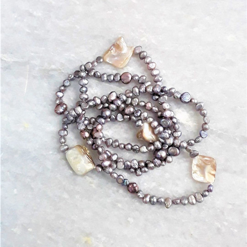 Gray Petite Baroque Pearl with Shell Nugget Necklace